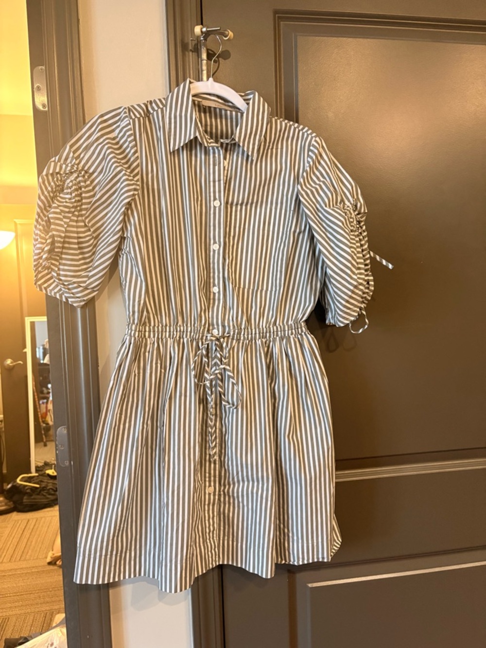 LOFT Cream and Tan Striped Button-Front Mini Dress - Picture 2 of 2